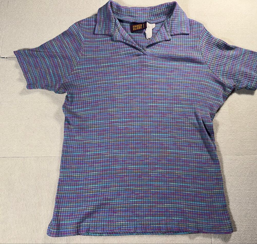 Vintage Faded Glory Junior's or Women's Polo Top Acrylic Cotton Blend Multicolor